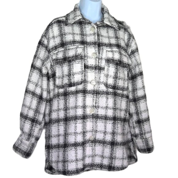 H&M Boucle Jacket Textured Tweed Black & White Plaid Button Front Pockets EUC  S - Picture 1 of 8